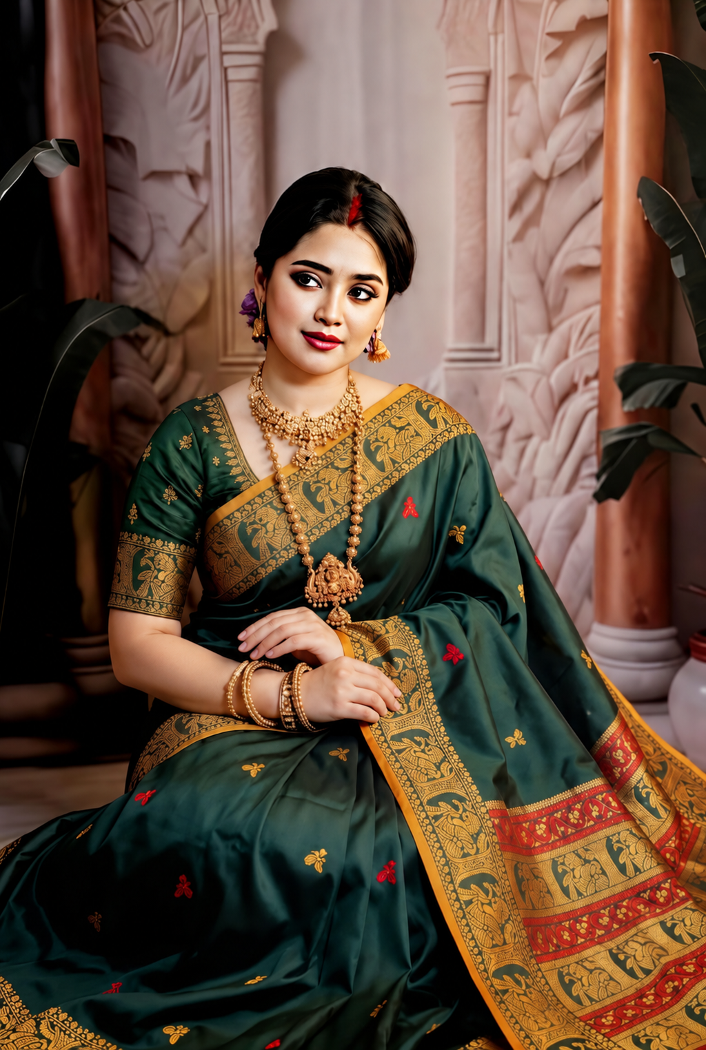 Premium Dark Green Tussar Silk Saree with Hand Embroidered Floral Motifs & Traditional Gold-Red Border | Elegant Handcrafted Saree with Blouse Piece