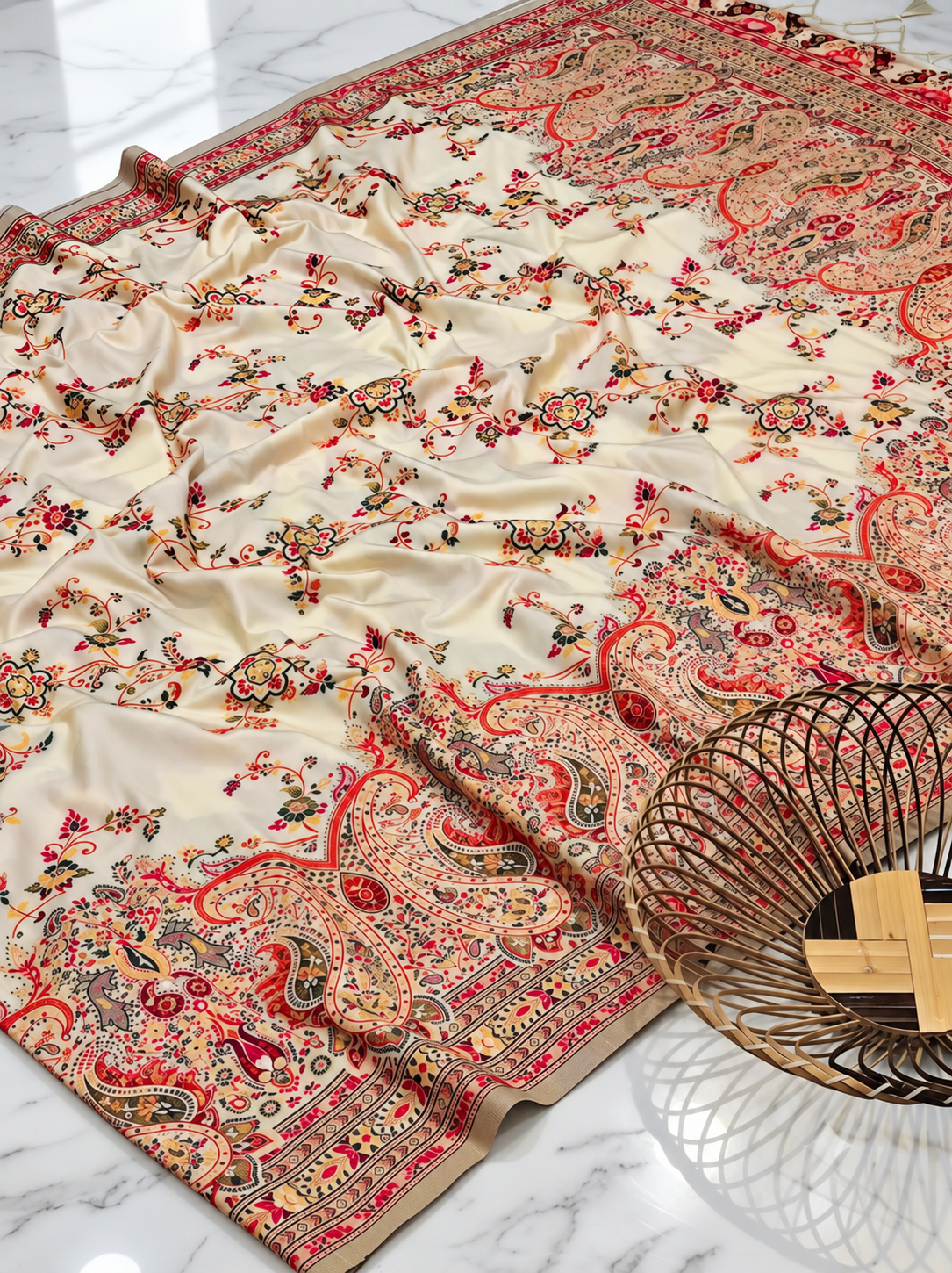 Premium Kashmiri Pashmina Saree with All-Over Floral Butta & Minakari Handwork – Ivory