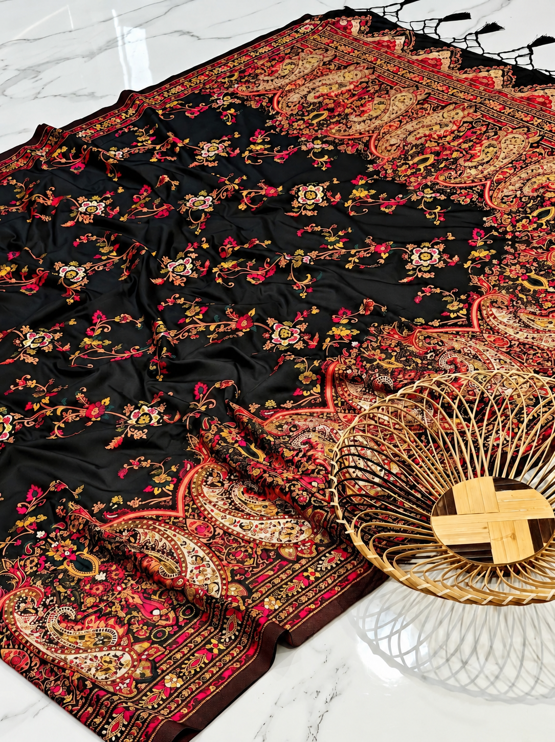 Premium Black Kashmiri Pashmina Saree with Floral Butta, Paisley Border & Minakari Handwork