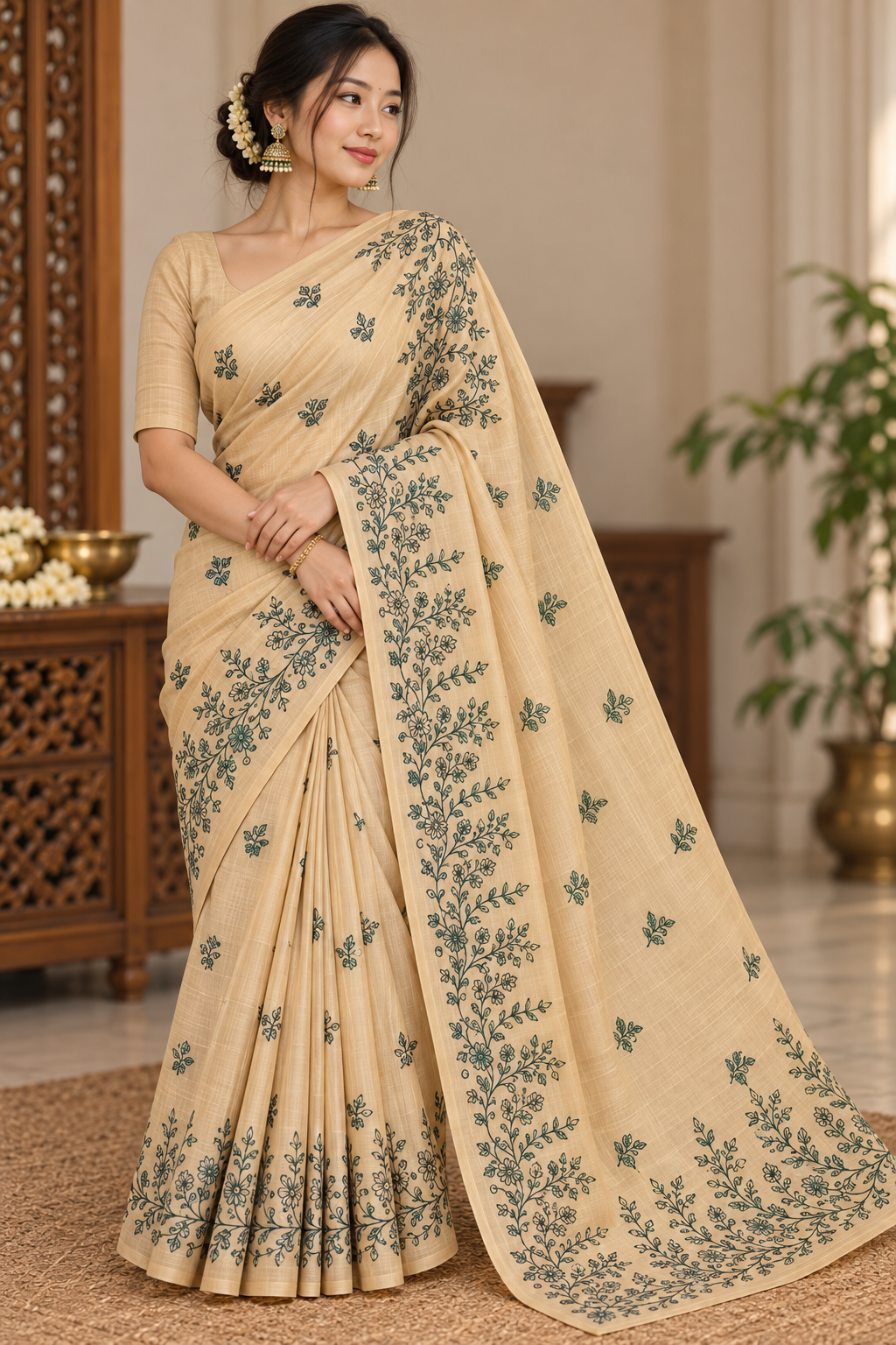 Premium Beige-Gold Matka Slub Silk Saree with Teal Green Floral Handwork & Intricate Botanical Border