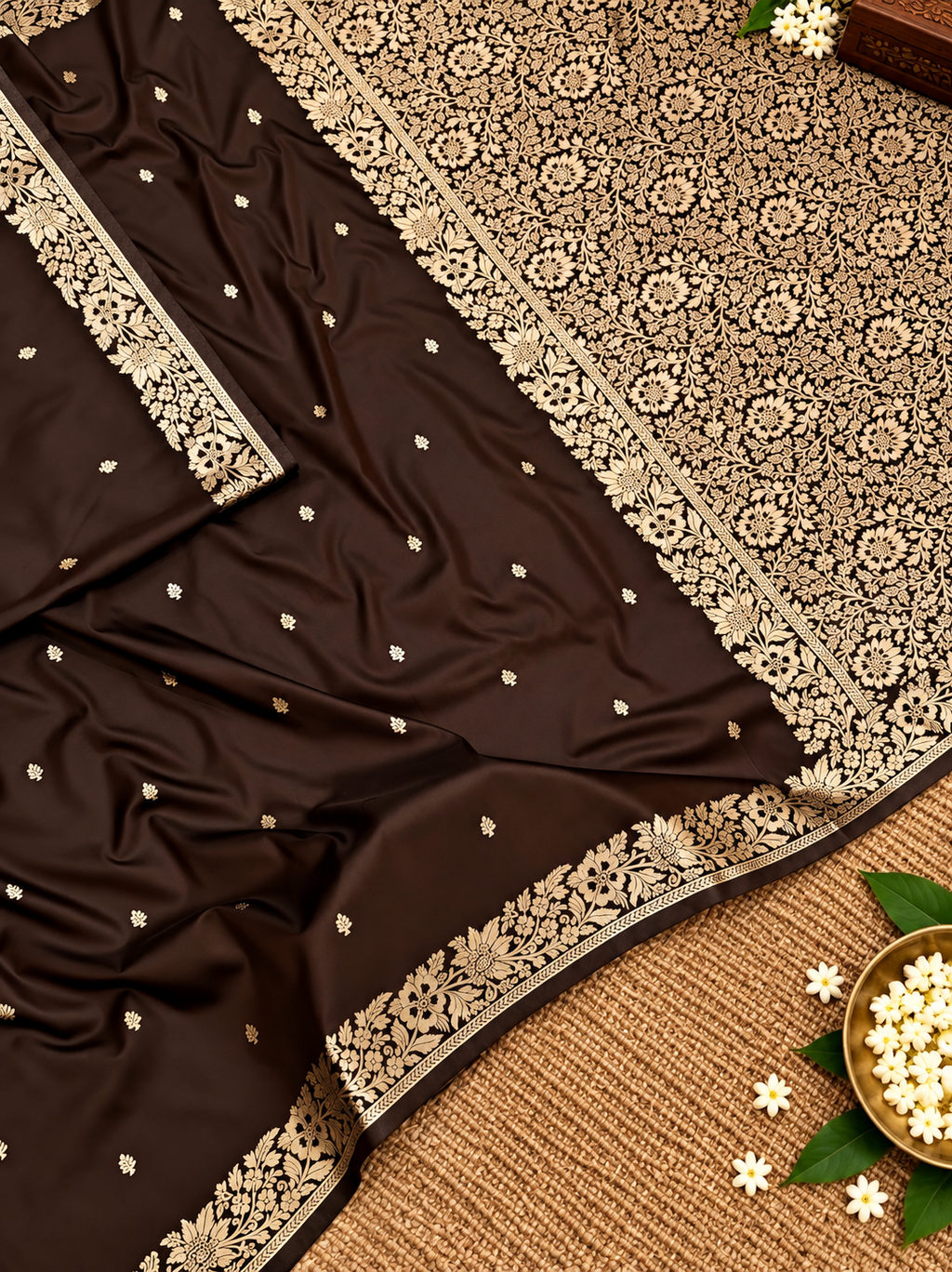 Premium Espresso Brown Muga Banarasi Saree with All-Over Floral Handwork & Intricate Woven Pallu