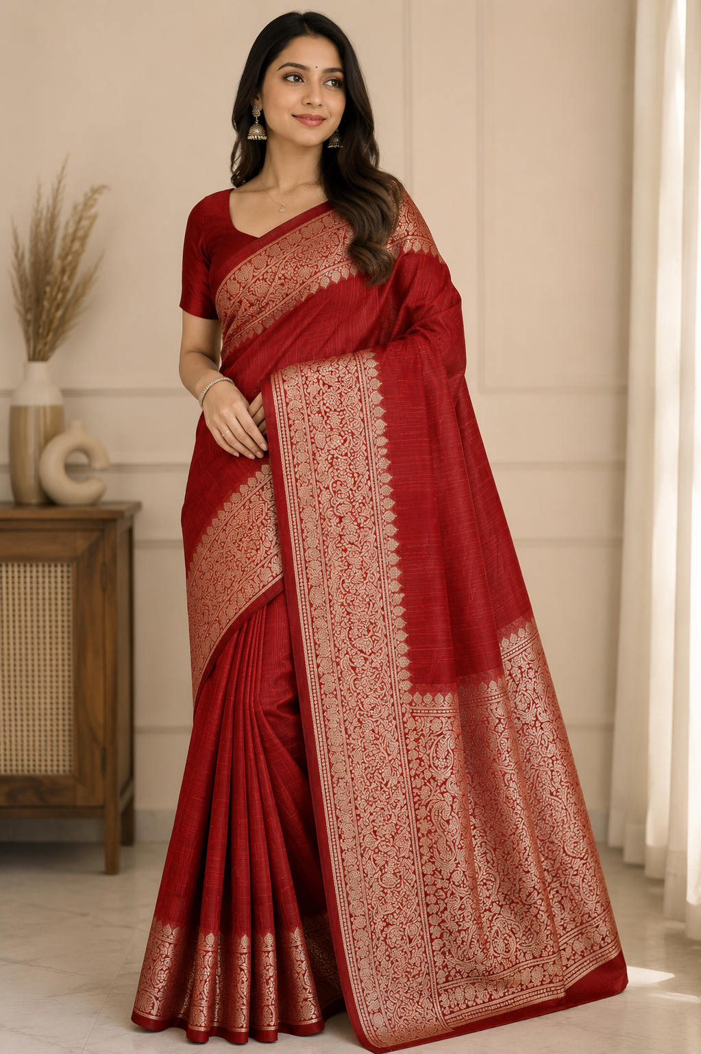 Ruby Red Slub Silk Handcrafted Saree with Antique Gold Paisley Woven Border & Pallu – Premium Ethnic Festive Wear with Blouse Piece