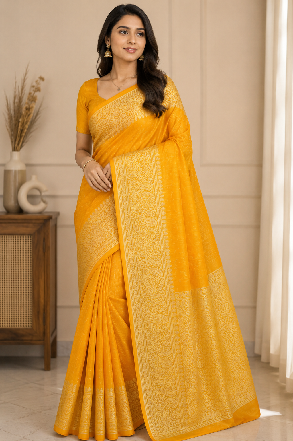Mustard Yellow Slub Silk Handcrafted Saree with Antique Gold Paisley Woven Border & Pallu – Elegant Festive Ethnic Saree with Blouse Piece