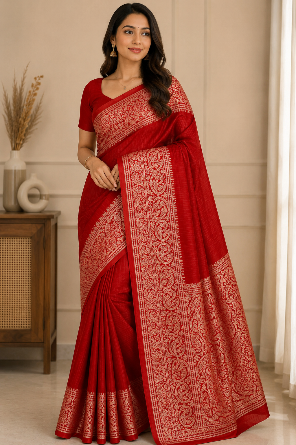 Vermilion Red Slub Silk Handcrafted Saree with Antique Gold Paisley Woven Border & Pallu – Festive Traditional Saree with Blouse Piece