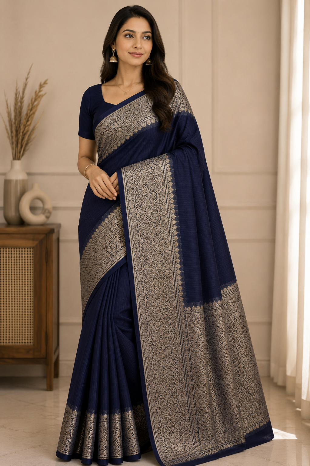 Navy Blue Slub Silk Handcrafted Saree with Antique Gold Paisley Woven Border & Pallu – Elegant Festive Ethnic Saree with Blouse Piece