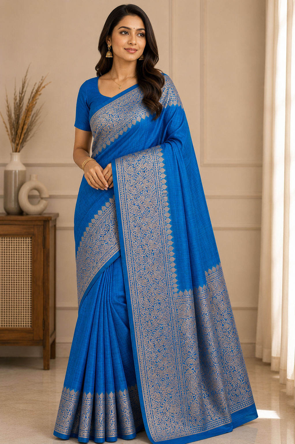 Peacock Blue Slub Silk Handcrafted Saree with Antique Silver-Gold Paisley Woven Border & Pallu – Elegant Festive Ethnic Saree with Blouse Piece