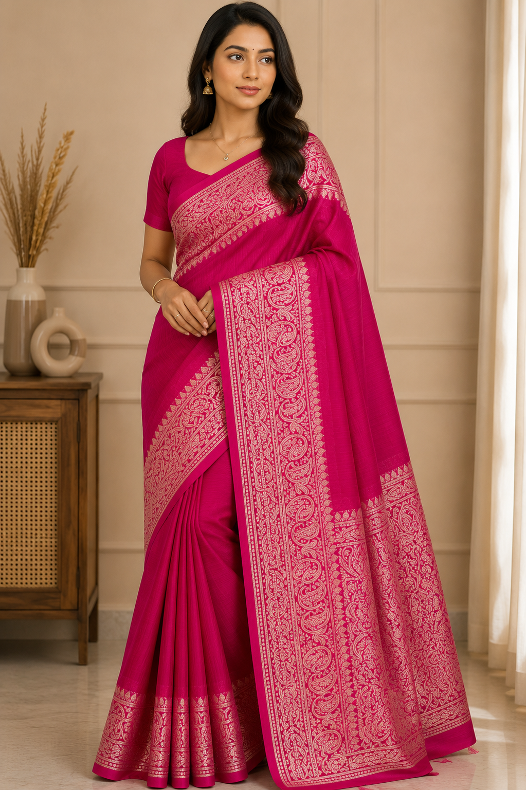 Rani Pink Slub Silk Handcrafted Saree with Antique Gold Paisley Woven Border & Pallu – Elegant Festive Ethnic Saree with Blouse Piece