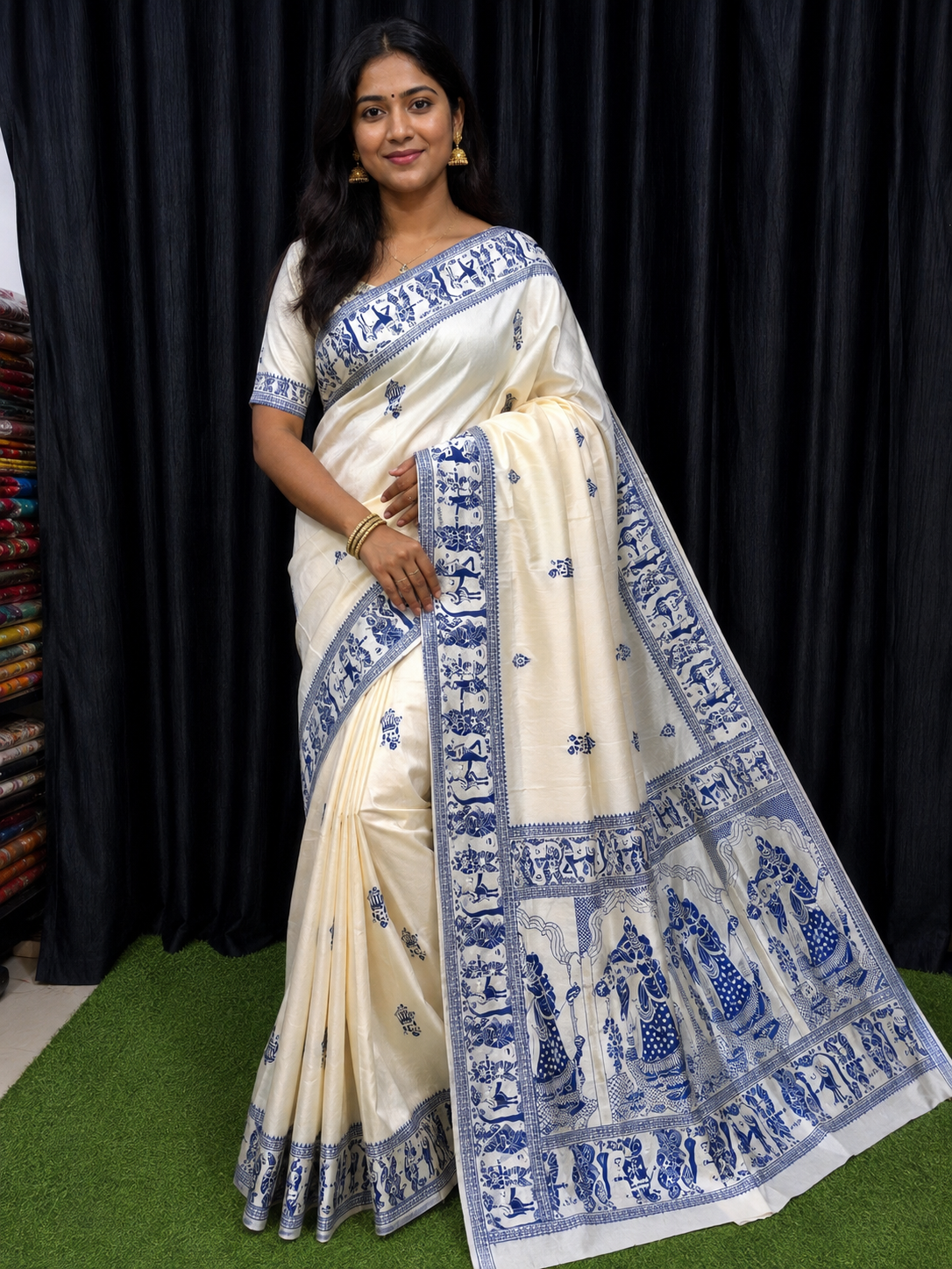 Serenity Bloom Cream & Blue Handcrafted Bishnupuri Silk Saree