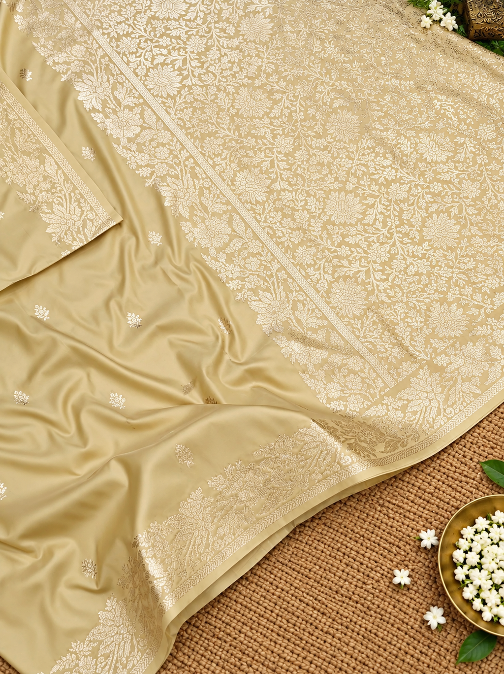 Premium Champagne Gold Muga Banarasi Saree with All-Over Floral Handwork & Intricate Weaving