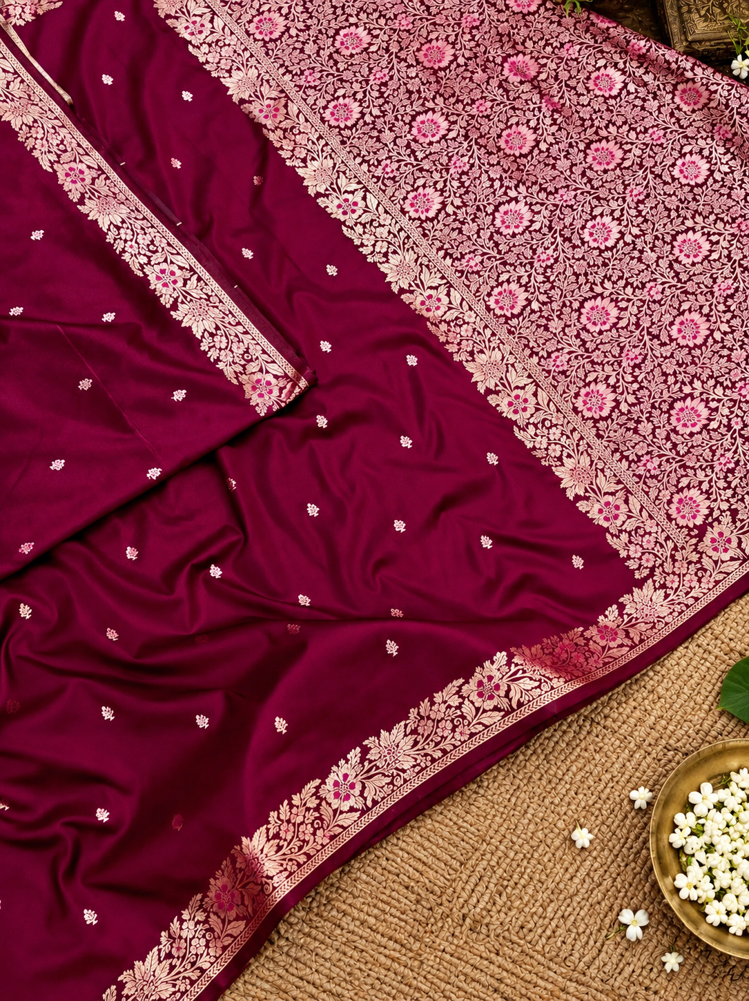 Premium Magenta Muga Banarasi Saree with All-Over Floral Handwork & Elaborate Woven Pallu