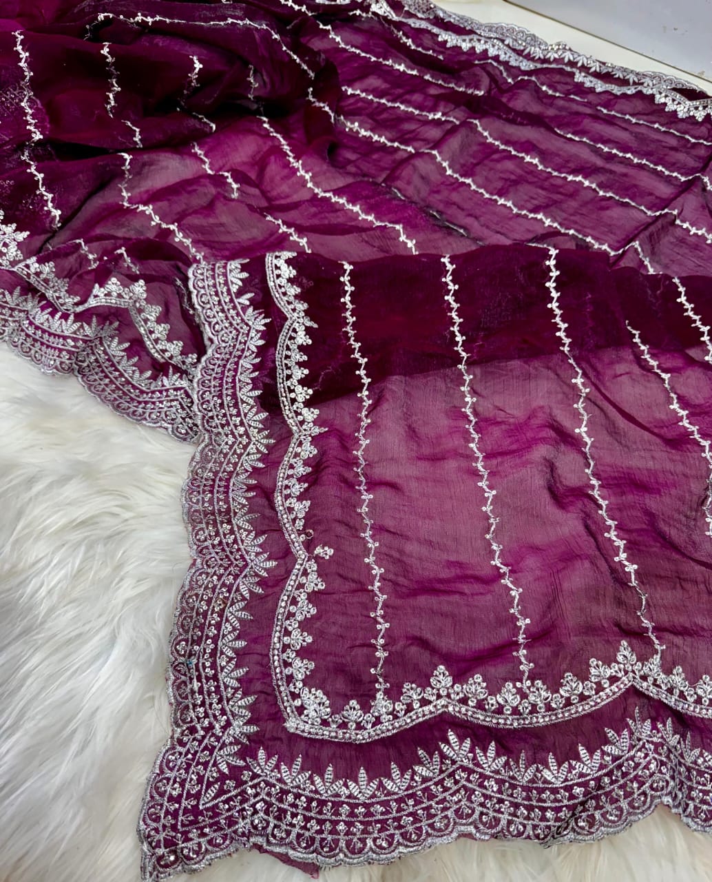Royal Purple Satin Georgette Party Saree with Handcrafted Stonework & Designer Blouse Piece