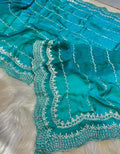 Turquoise Satin Georgette Party Saree with Hand-Embellished Stone Detailing & Blouse Piece