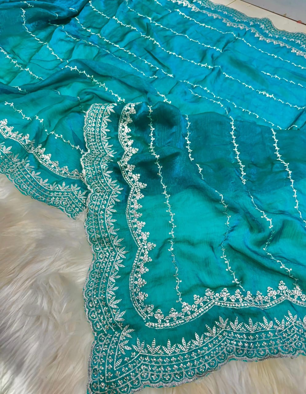 Turquoise Satin Georgette Party Saree with Hand-Embellished Stone Detailing & Blouse Piece
