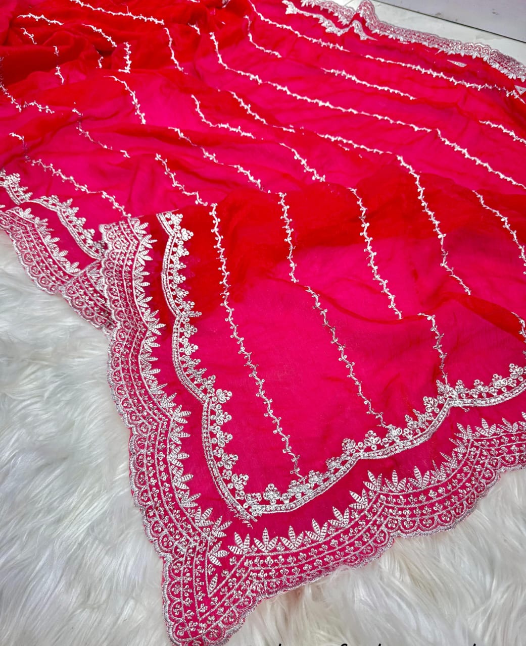 Hot Pink Satin Georgette Party Saree with Handcrafted Stone Embellishments & Blouse Piece