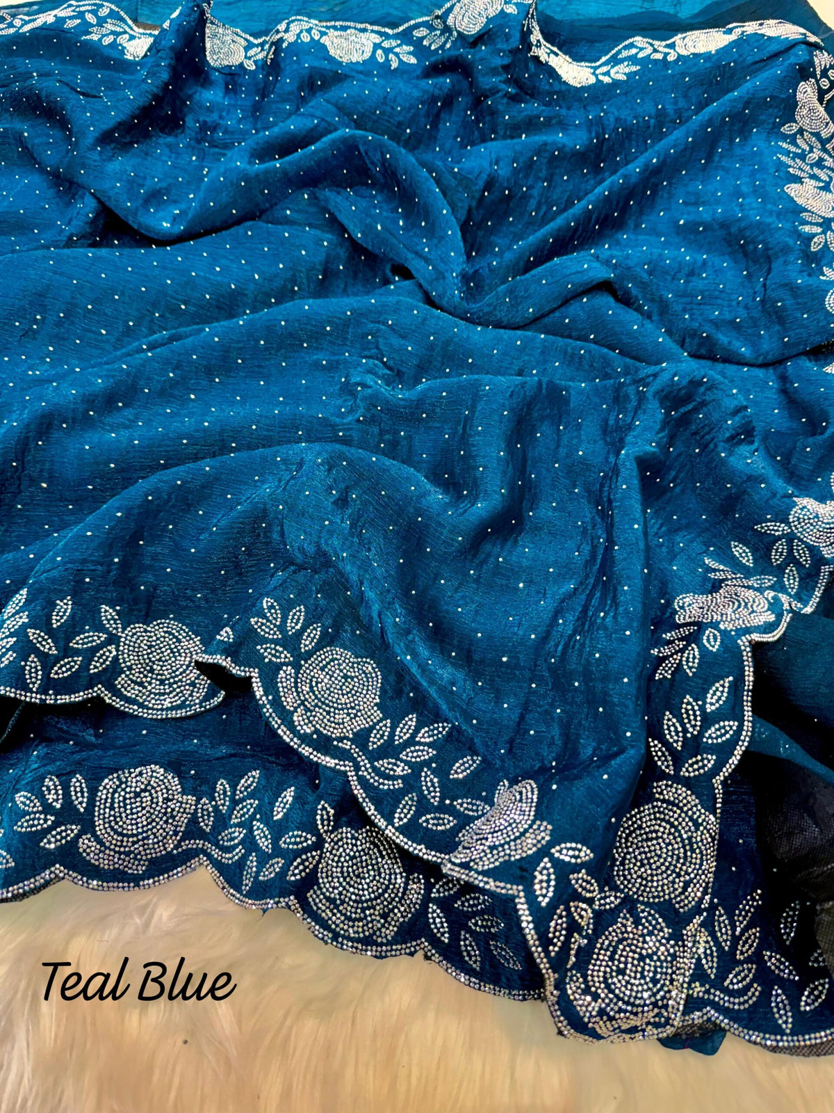 Teal Temptation: Designer Satin Georgette Saree with Handcrafted Stone Embellishments