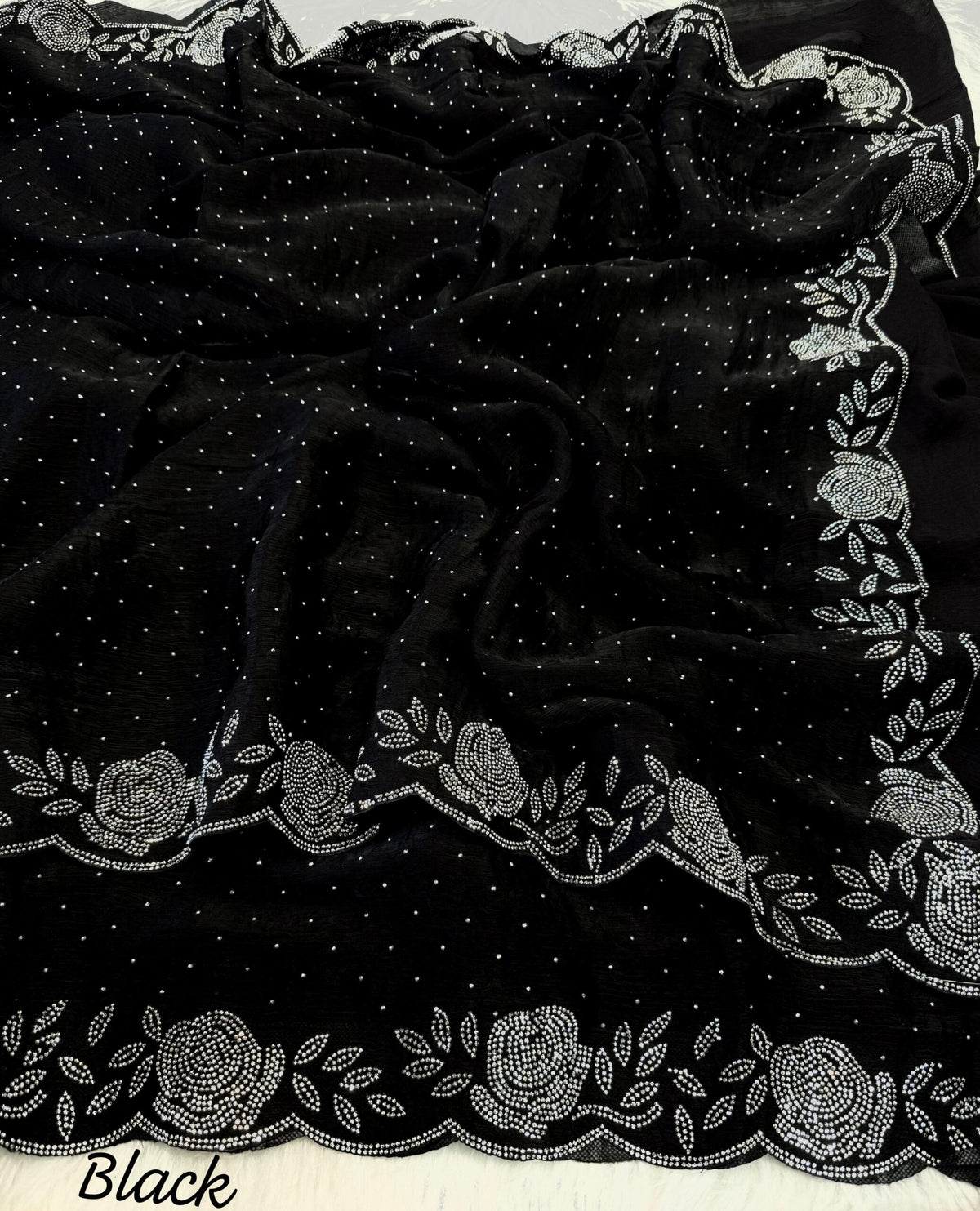 Midnight Allure: Black Satin Georgette Saree with Hand-Embellished Stone Work