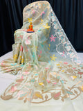 Whispering Mint – Handcrafted Pure Muslin Saree with Gold Border & Multicolor Floral Motifs
