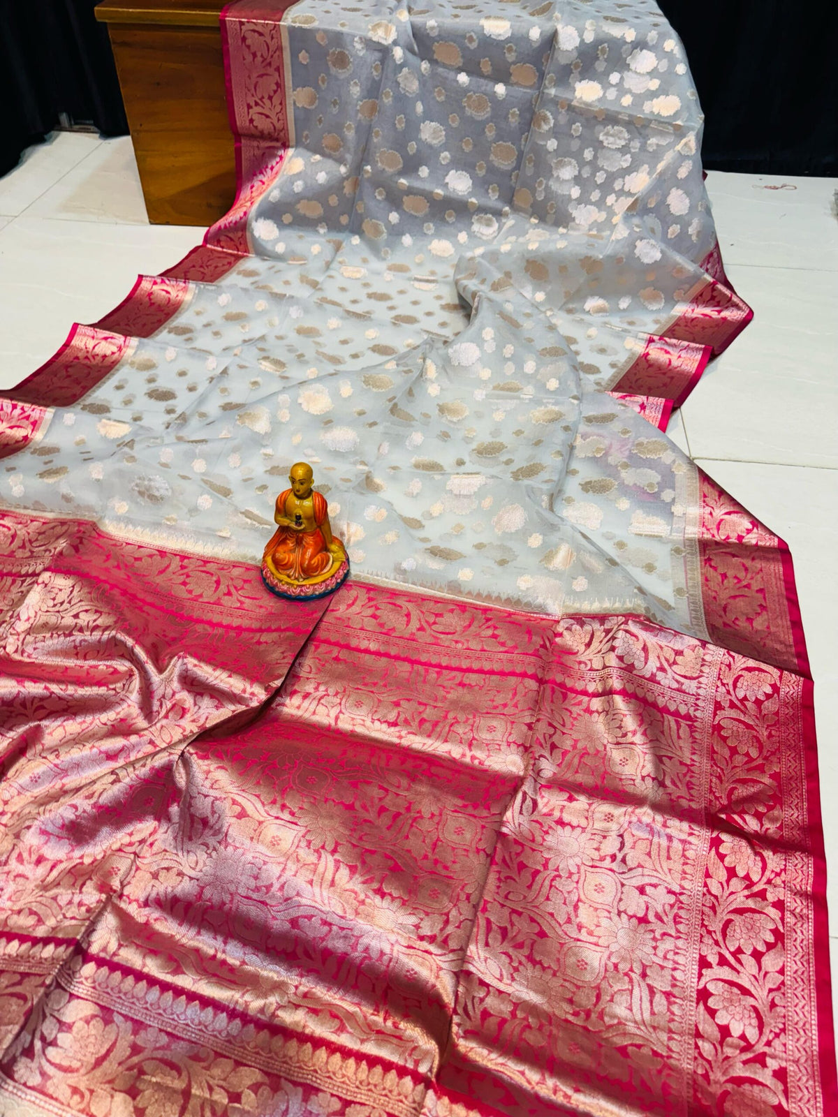 Premium Handcrafted White Muslin Organza Saree with Rani Pink Zari Border