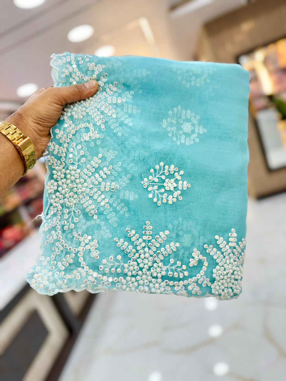 Premium Aqua Blue Silk Saree with Hand Embroidery & Pearl Handwork | Designer Embroidered Blouse Piece