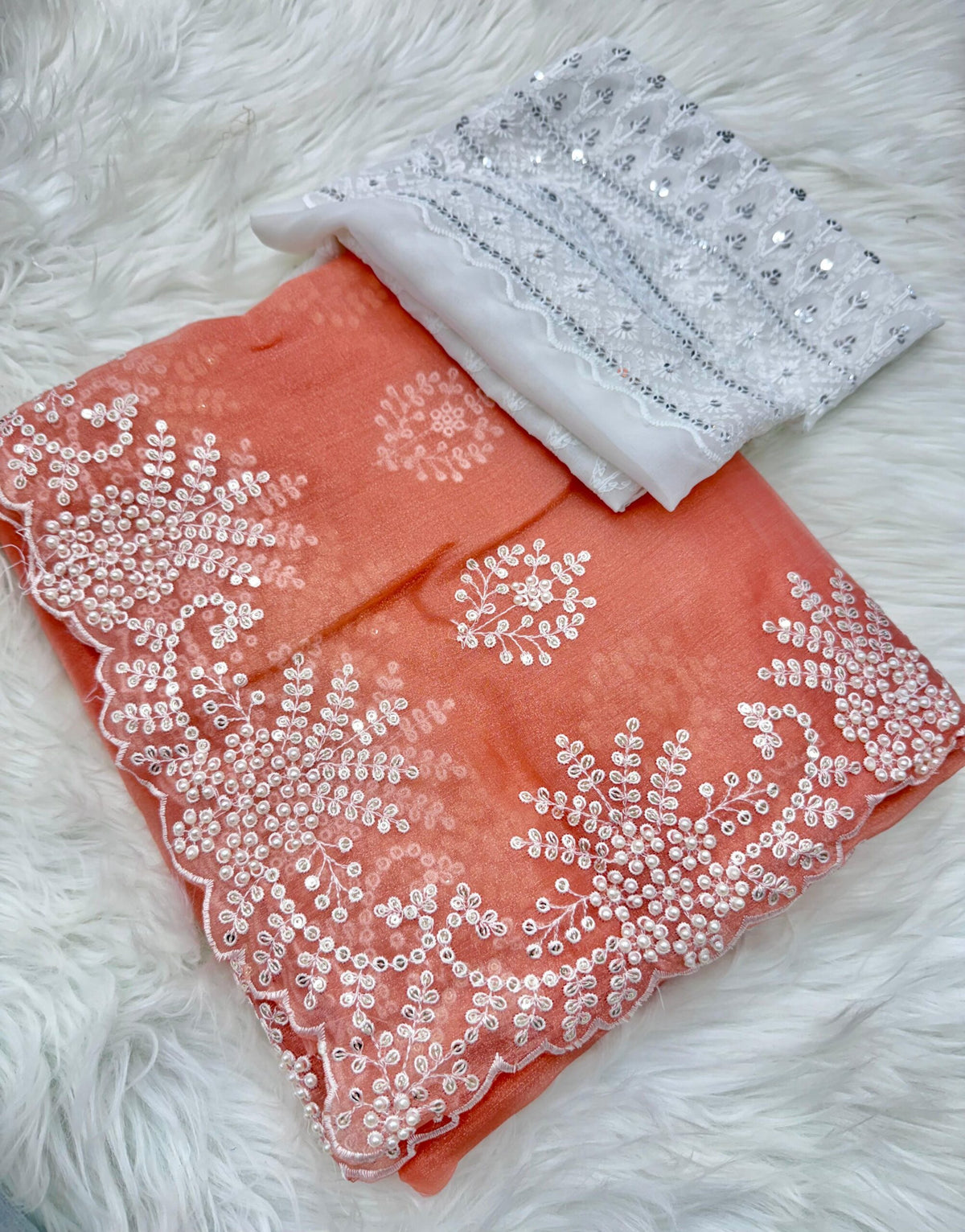 Premium Coral Silk Saree with Hand Embroidery & Pearl Handwork | Designer Embroidered Blouse Piece