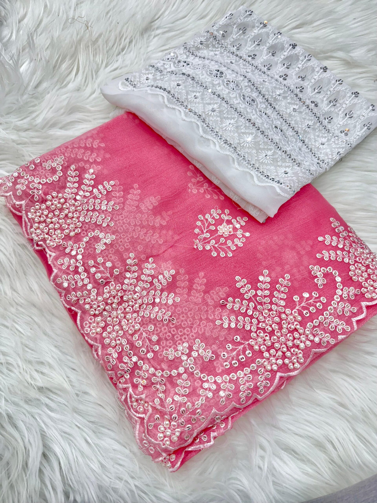 Stunning Hot Pink Silk Saree with Hand Embroidery & Pearl Handwork | Designer Embroidered Blouse Piece