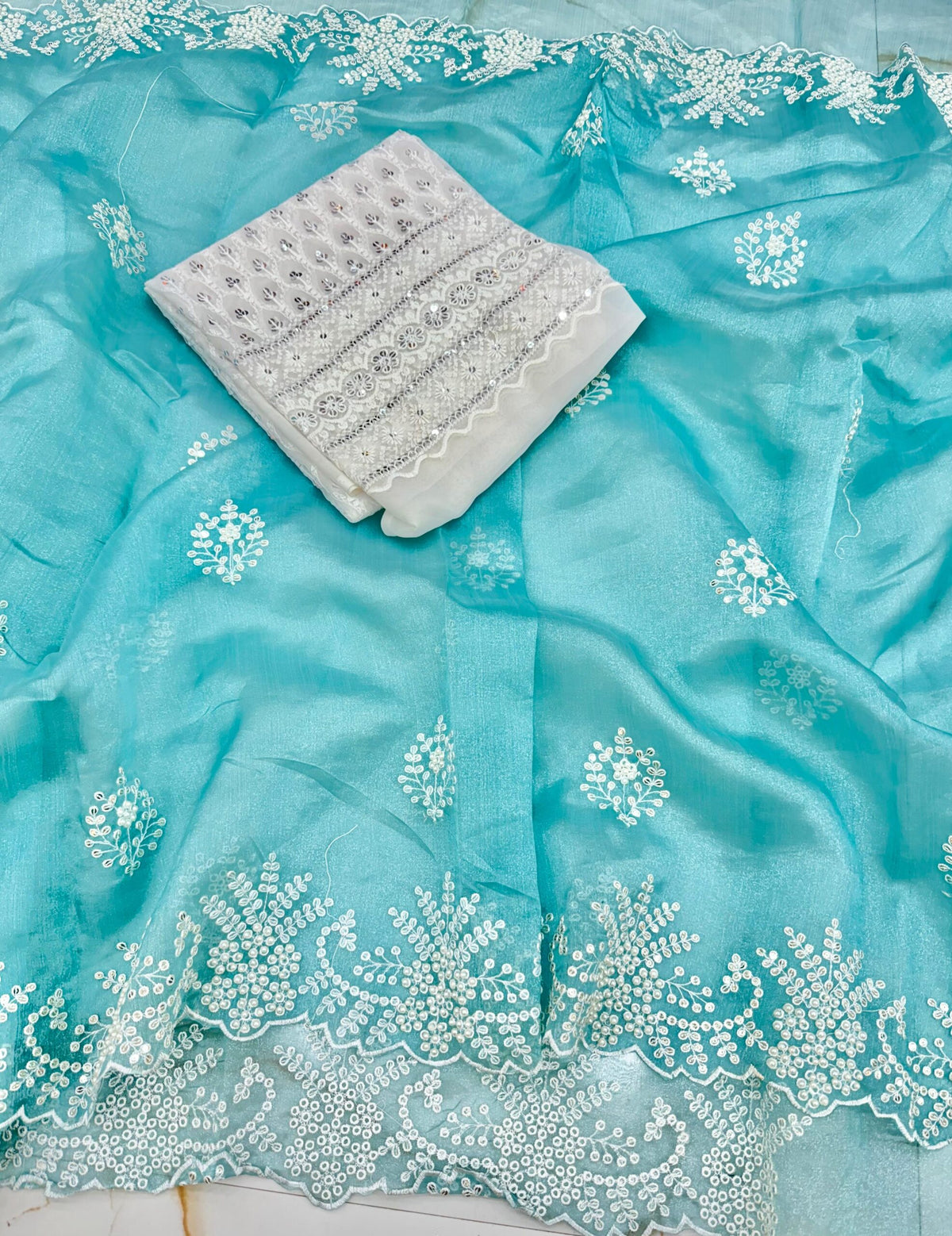 Premium Aqua Blue Silk Saree with Hand Embroidery & Pearl Handwork | Designer Embroidered Blouse Piece