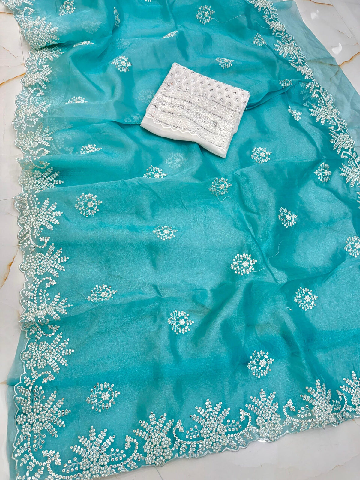 Premium Aqua Blue Silk Saree with Hand Embroidery & Pearl Handwork | Designer Embroidered Blouse Piece