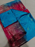 Handwoven Pure Matka Tussar Silk Saree in Peacock Blue with Pink & Zari Border (With Blouse Piece)