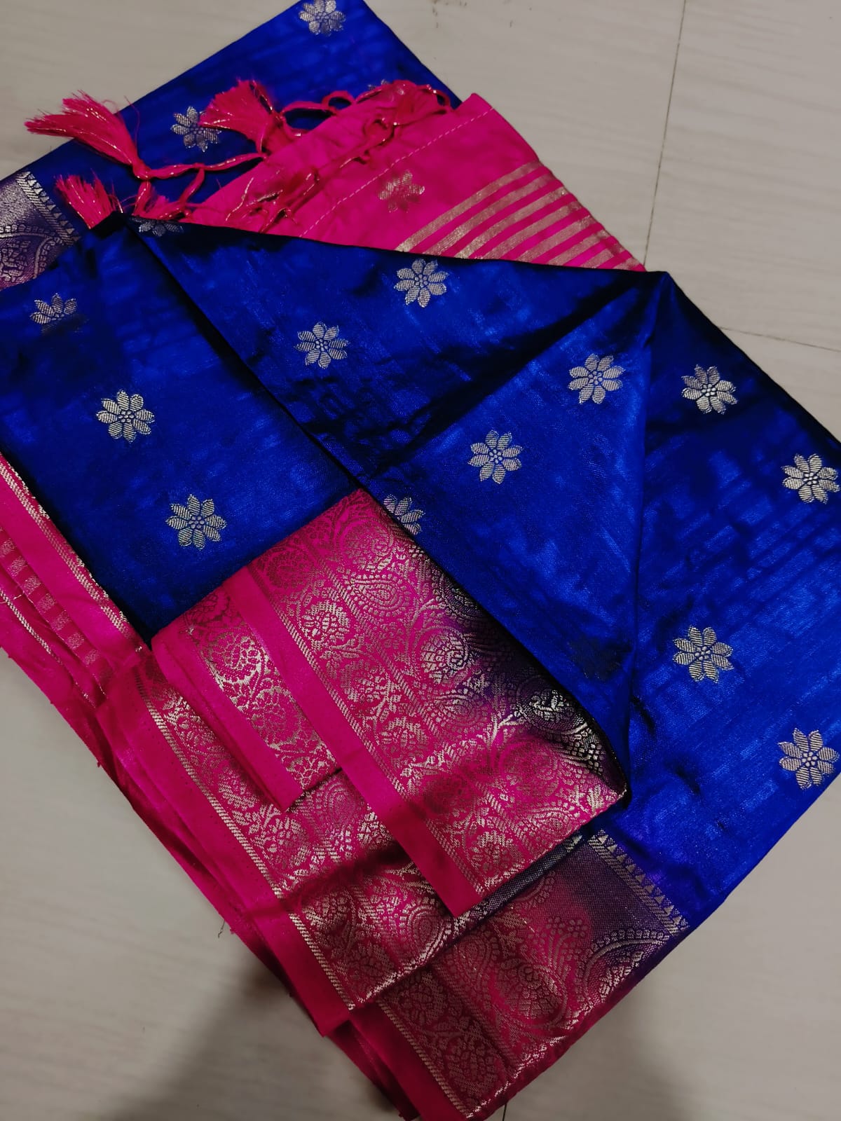 Handwoven Pure Matka Tussar Silk Saree in Royal Blue with Pink Zari Border & Pallu (With Blouse Piece)