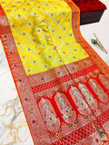 Radiant Yellow & Red Handwoven Puri Gazzi Satin Saree with Traditional Zari Pallu & Blouse Piece