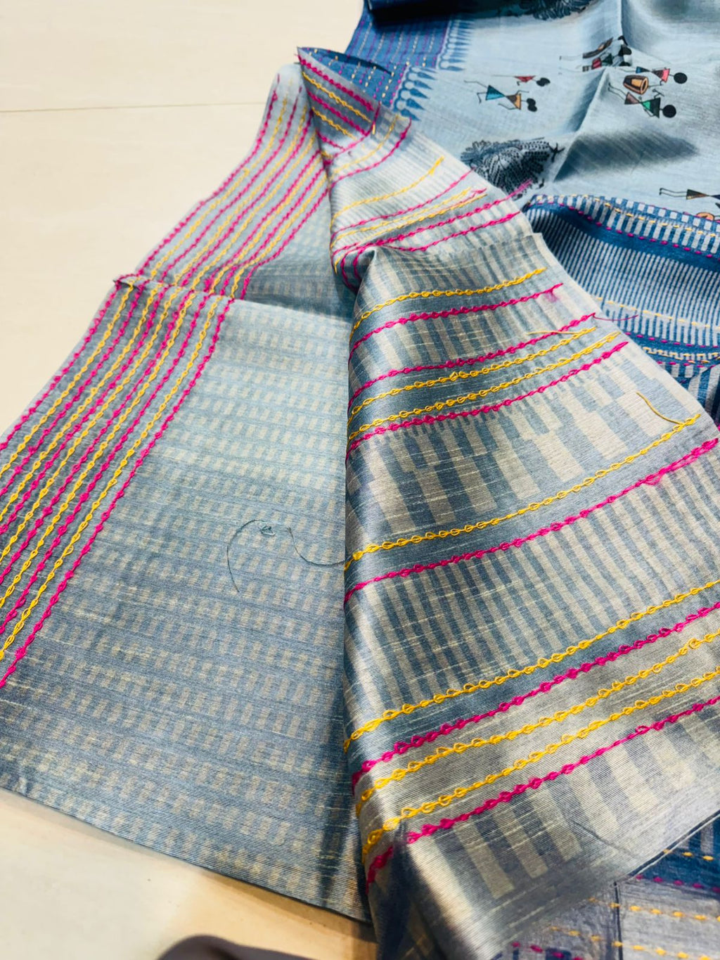 Handwoven Sky Blue Katha Silk Saree with Tussar Katha Border & Blouse Piece