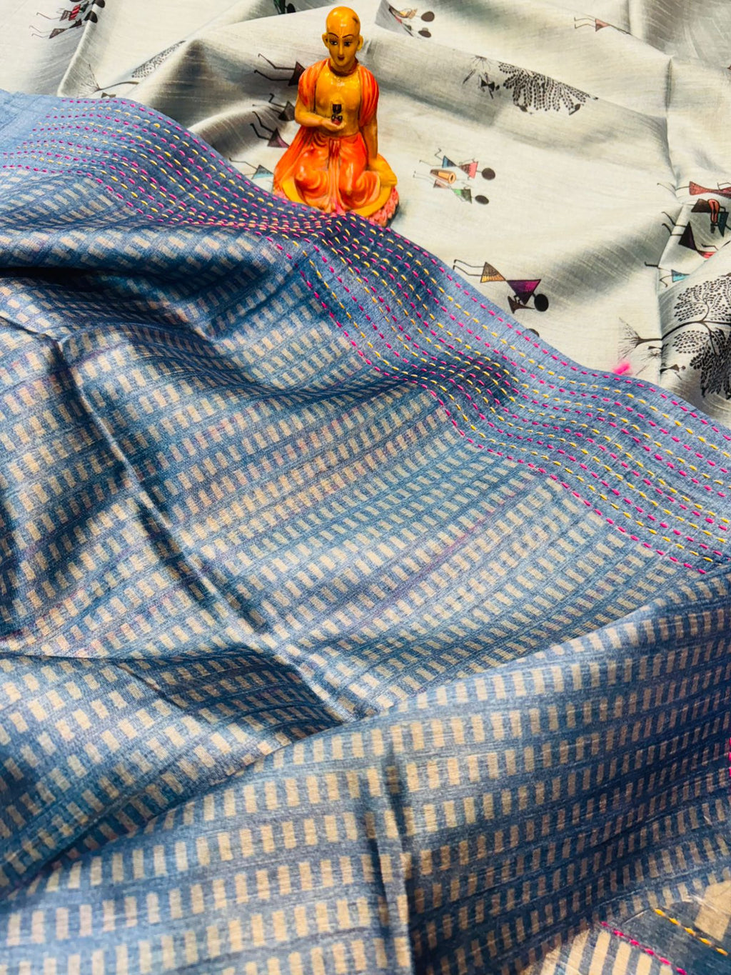 Handwoven Sky Blue Katha Silk Saree with Tussar Katha Border & Blouse Piece
