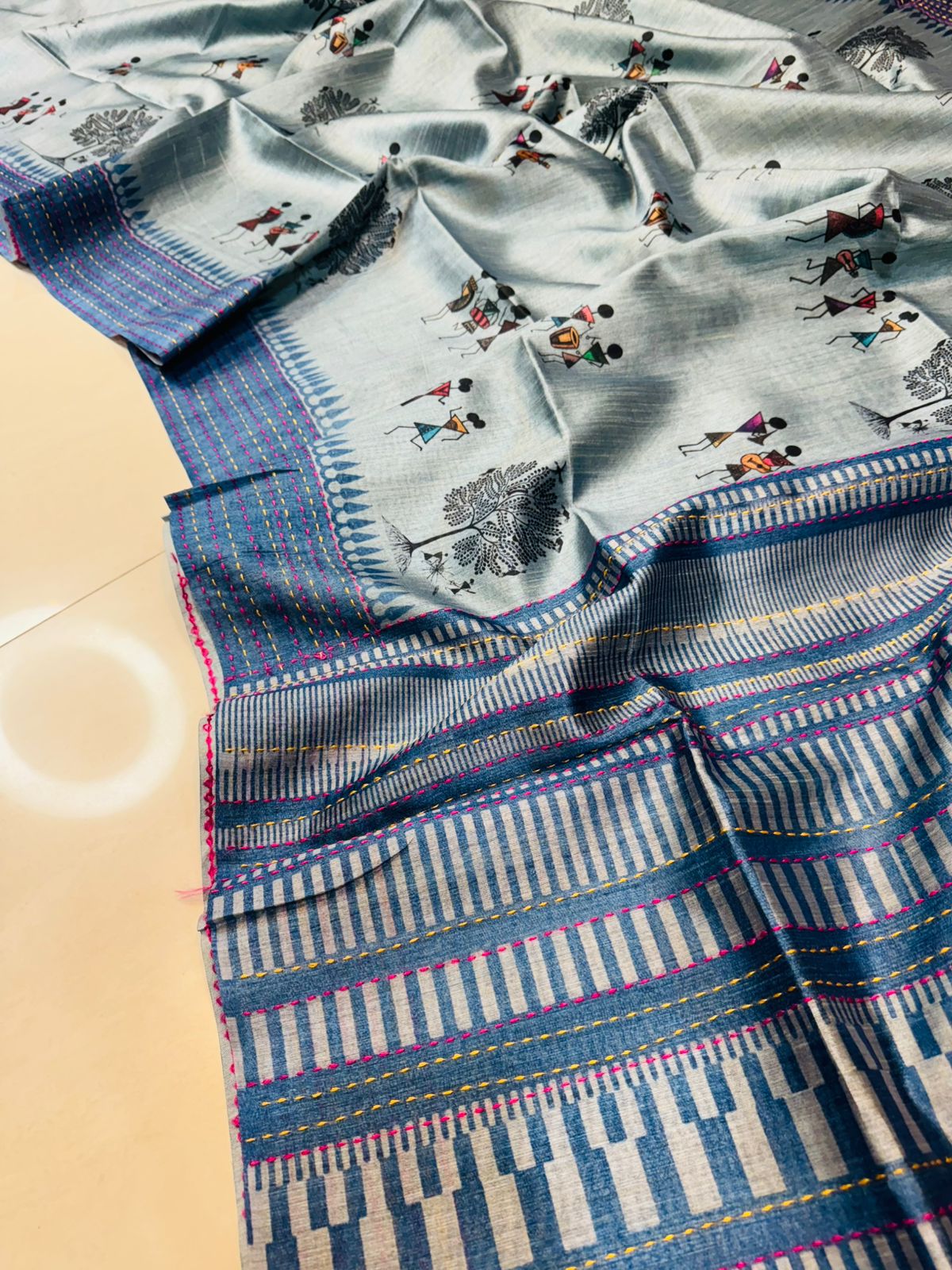 Handwoven Sky Blue Katha Silk Saree with Tussar Katha Border & Blouse Piece