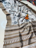 Handwoven Silver Grey Katha Silk Saree with Tussar Katha Border & Blouse Piece