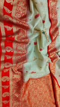 Pastel Mint Handwoven Mahabalipuram Silk Saree with Rich Red Zari Contrast Border