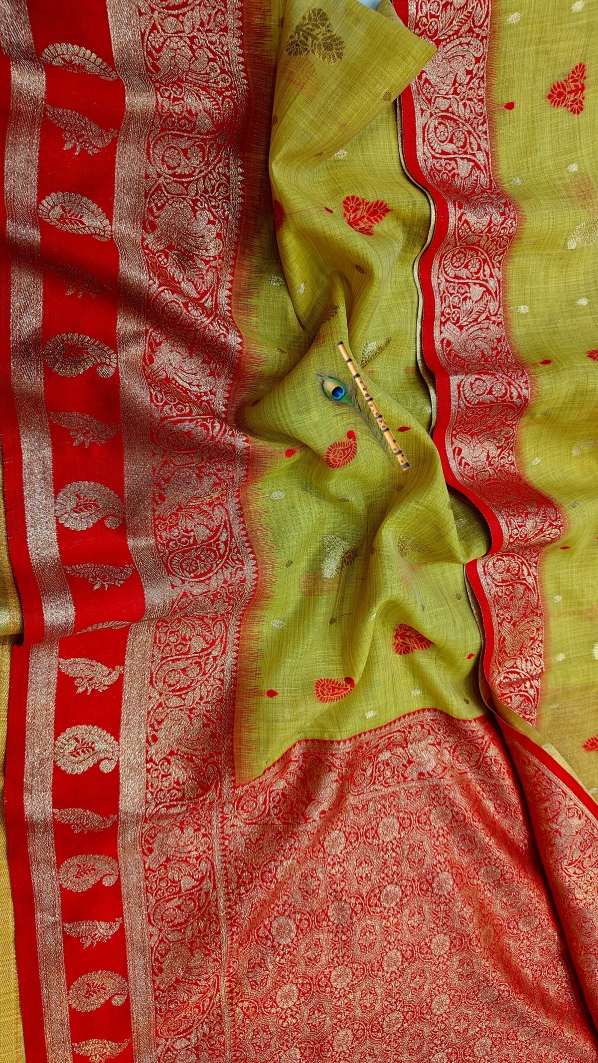 Olive Pastel Handwoven Mahabalipuram Silk Saree with Rich Red Gold Zari Contrast Border