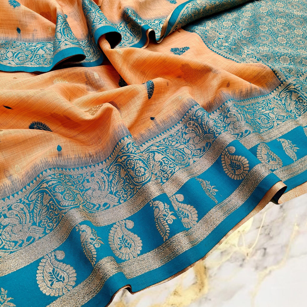 Soft Peach Handwoven Mahabalipuram Silk Saree with Teal Blue Gold Zari Contrast Border