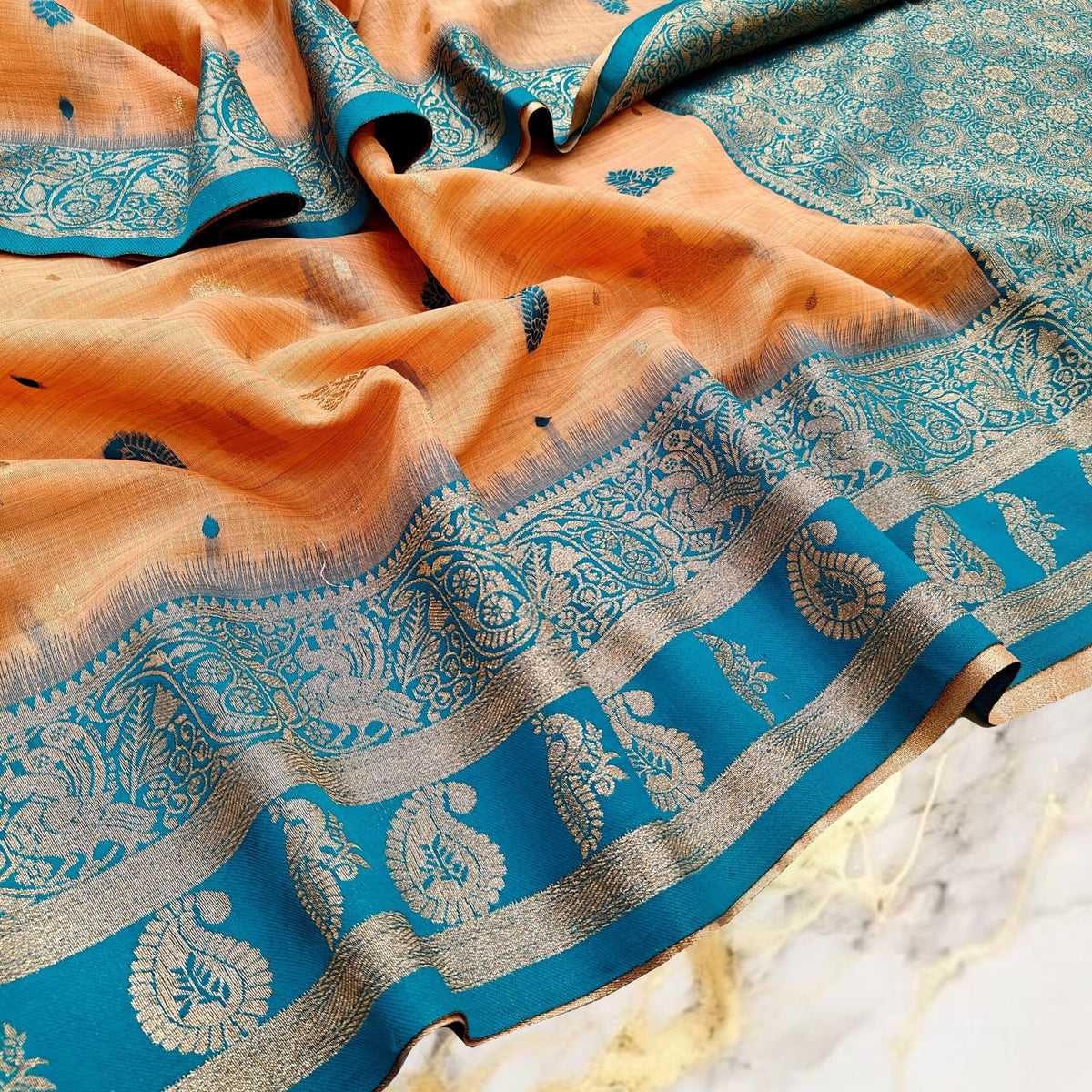 Soft Peach Handwoven Mahabalipuram Silk Saree with Teal Blue Gold Zari Contrast Border