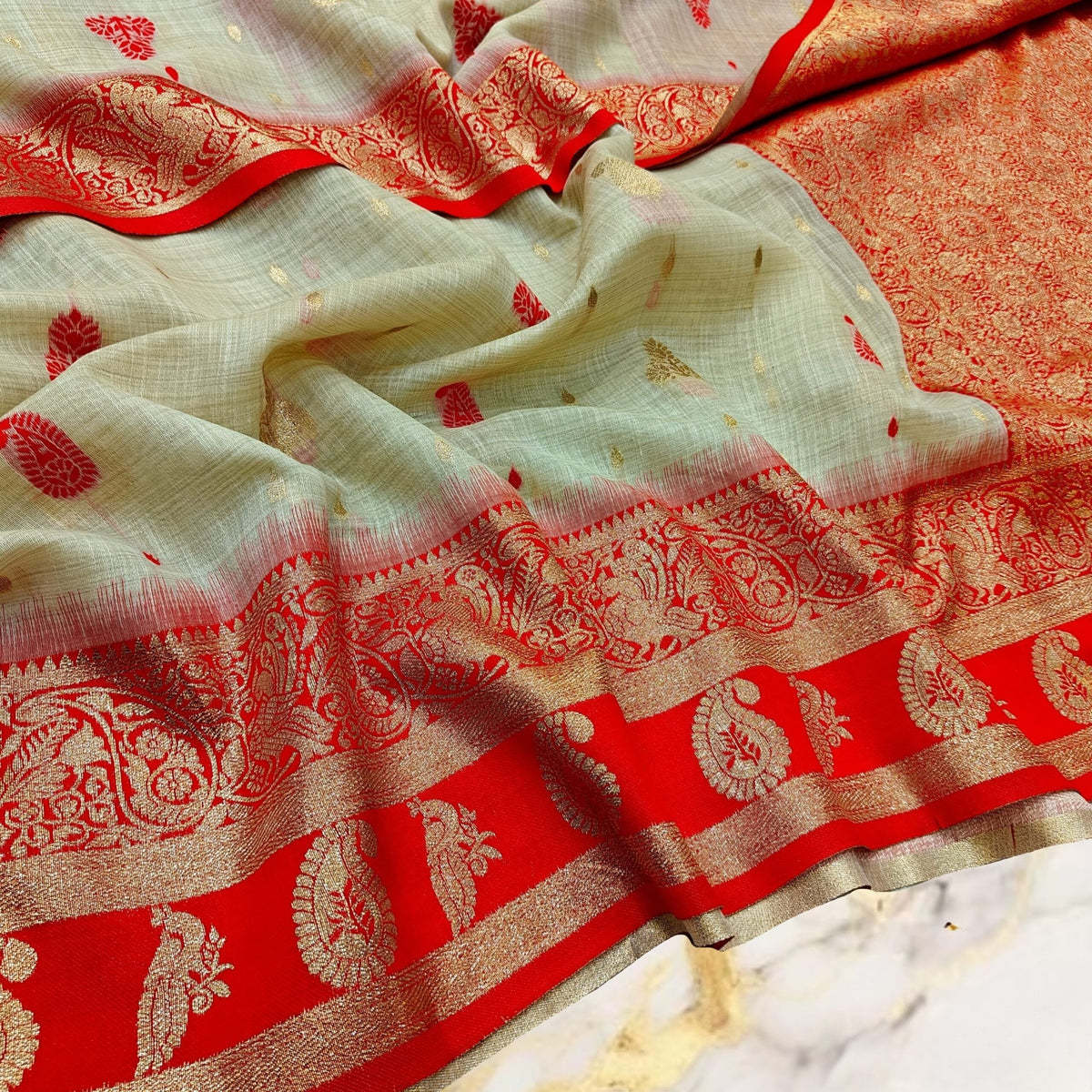 Pastel Mint Handwoven Mahabalipuram Silk Saree with Rich Red Zari Contrast Border