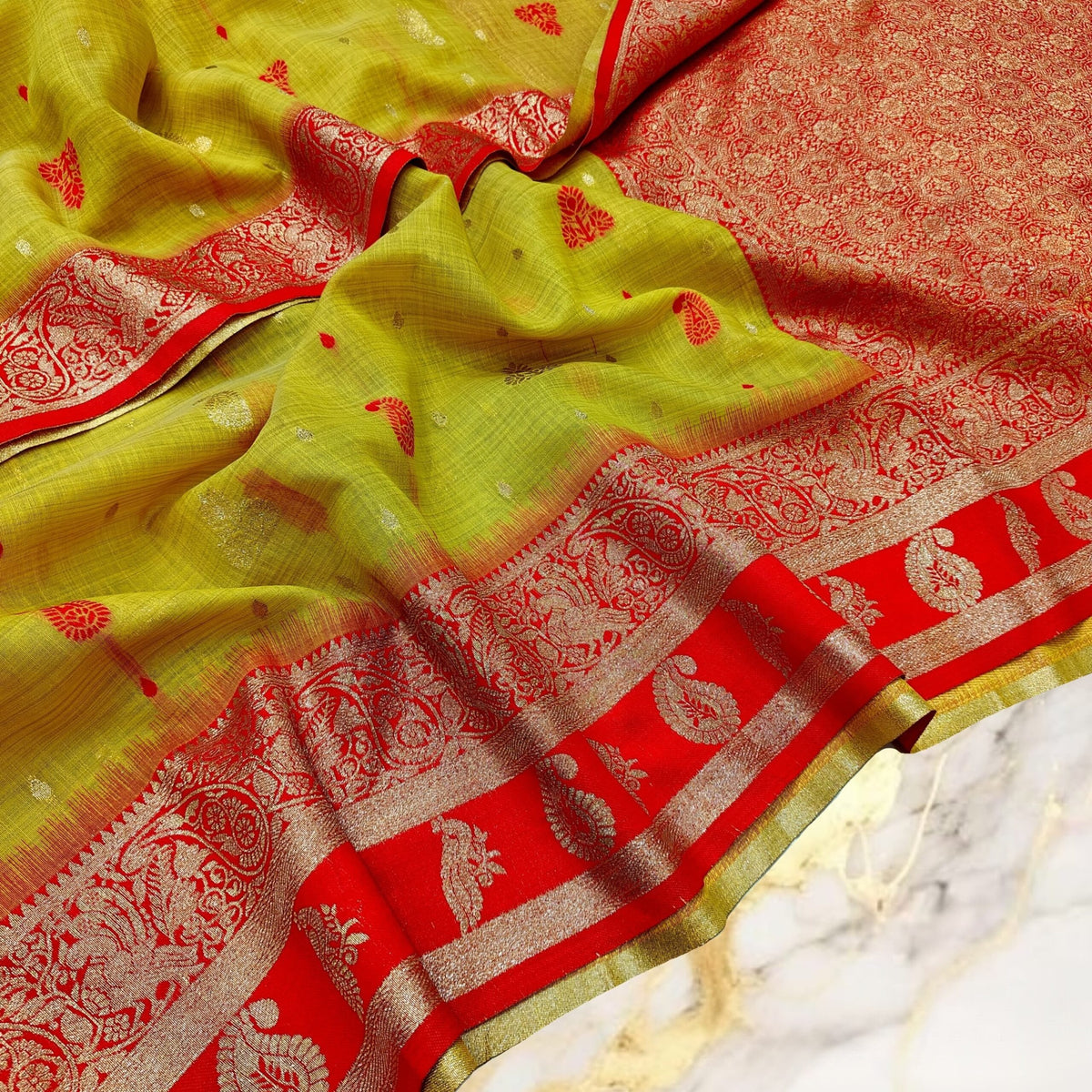 Olive Pastel Handwoven Mahabalipuram Silk Saree with Rich Red Gold Zari Contrast Border