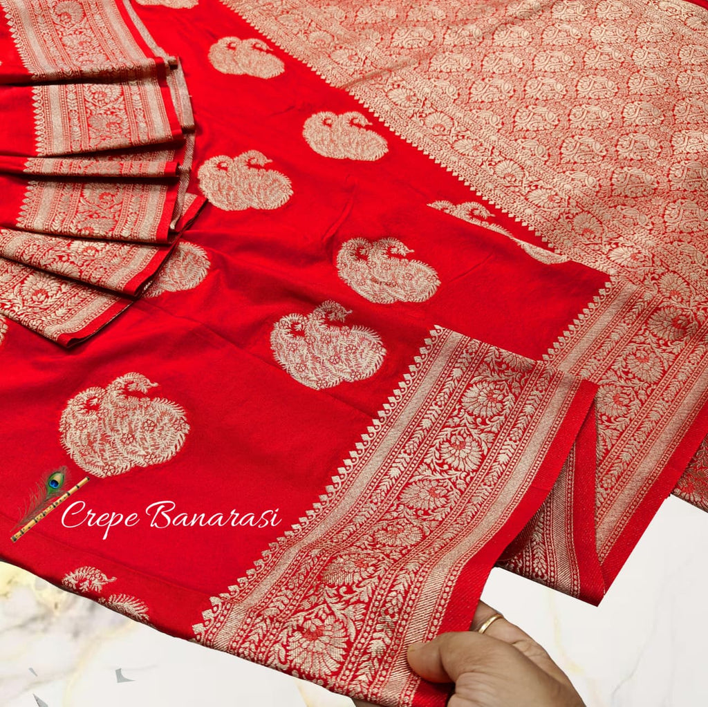 Royal Crimson Crepe Banarasi Handloom Saree with Gold Zari Motifs