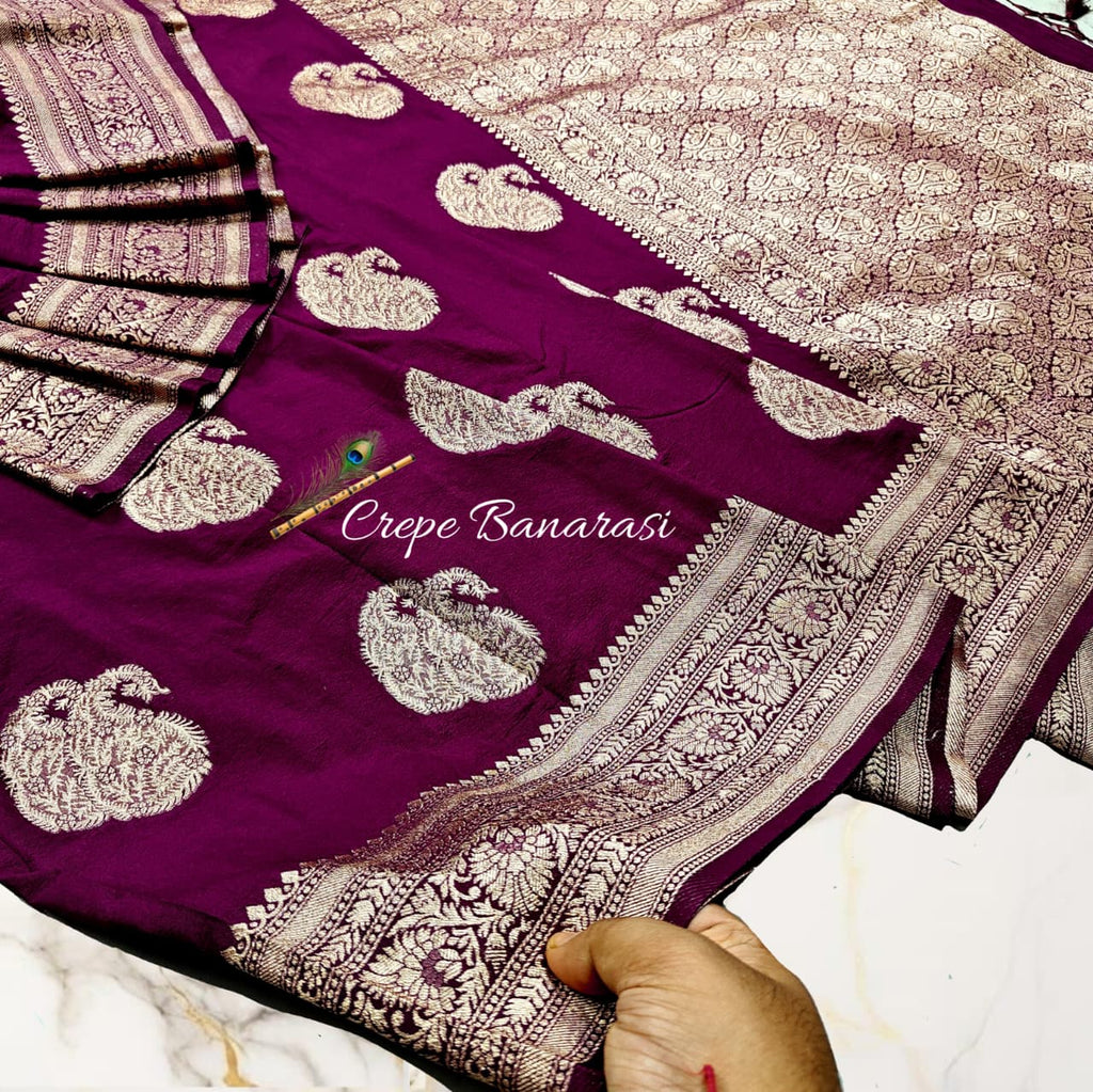 Regal Plum Crepe Banarasi Handwoven Saree with Antique Gold Zari