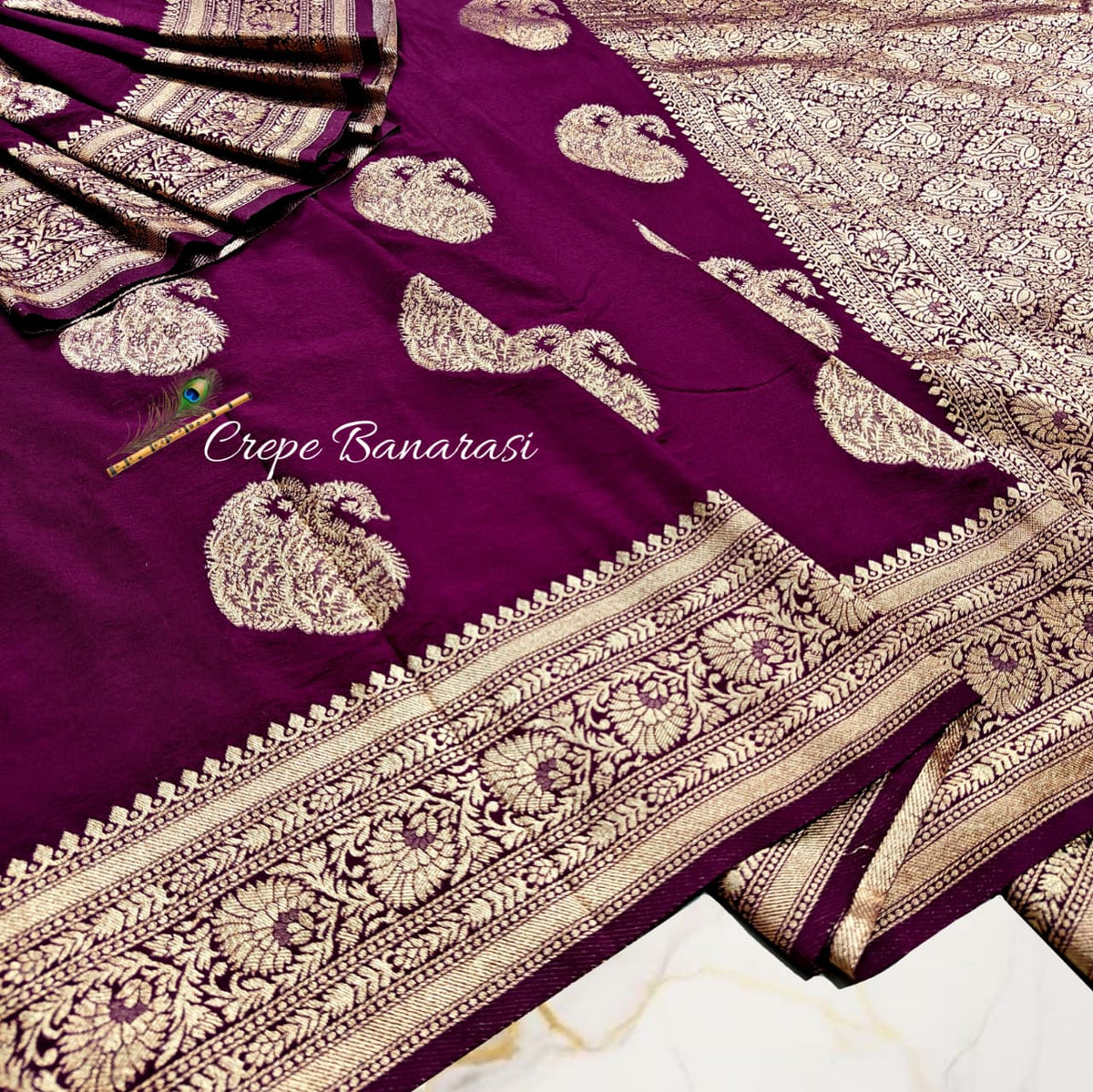 Regal Plum Crepe Banarasi Handwoven Saree with Antique Gold Zari