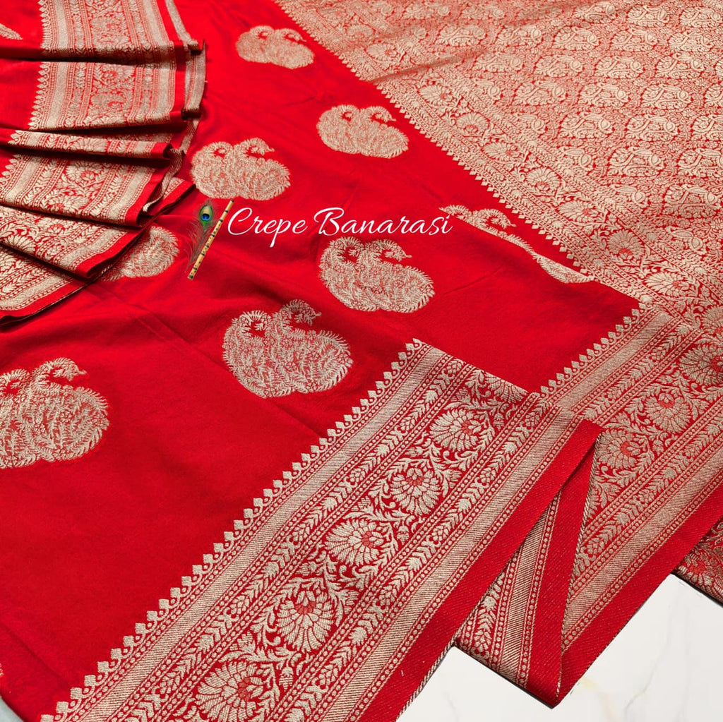 Royal Crimson Crepe Banarasi Handloom Saree with Gold Zari Motifs