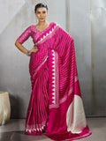 Pure Handcrafted Ajrakh Modal Silk Saree in Hot Pink with Contrast Blouse Piece