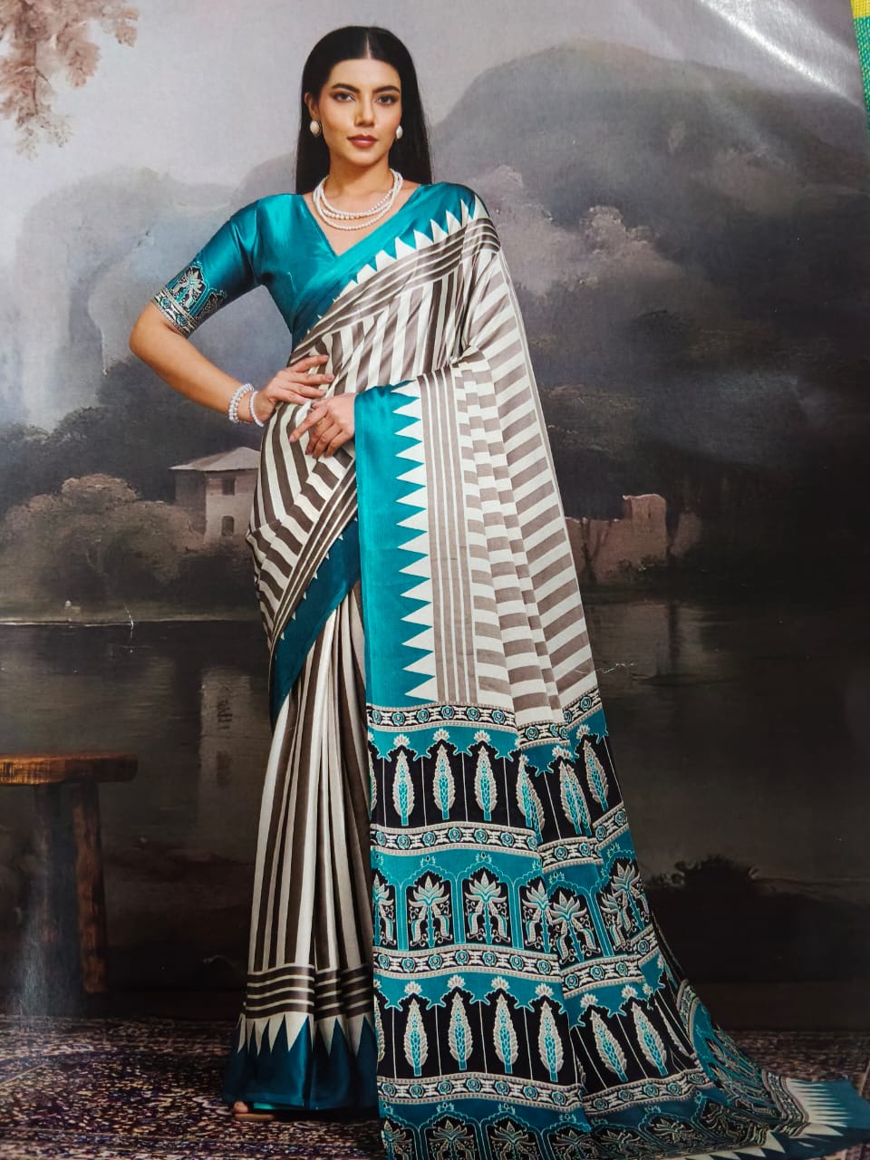 Pure Handcrafted Ajrakh Modal Silk Saree in Ivory with Teal Blouse Piece