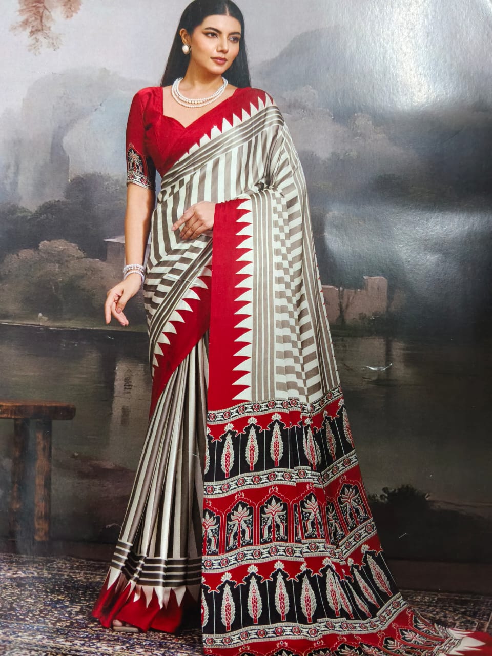 Pure Handcrafted Ajrakh Modal Silk Saree in Silver Grey with Red Pallu