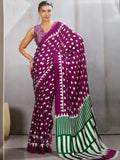 Pure Handcrafted Ajrakh Modal Silk Saree in Plum Purple with Green Pallu