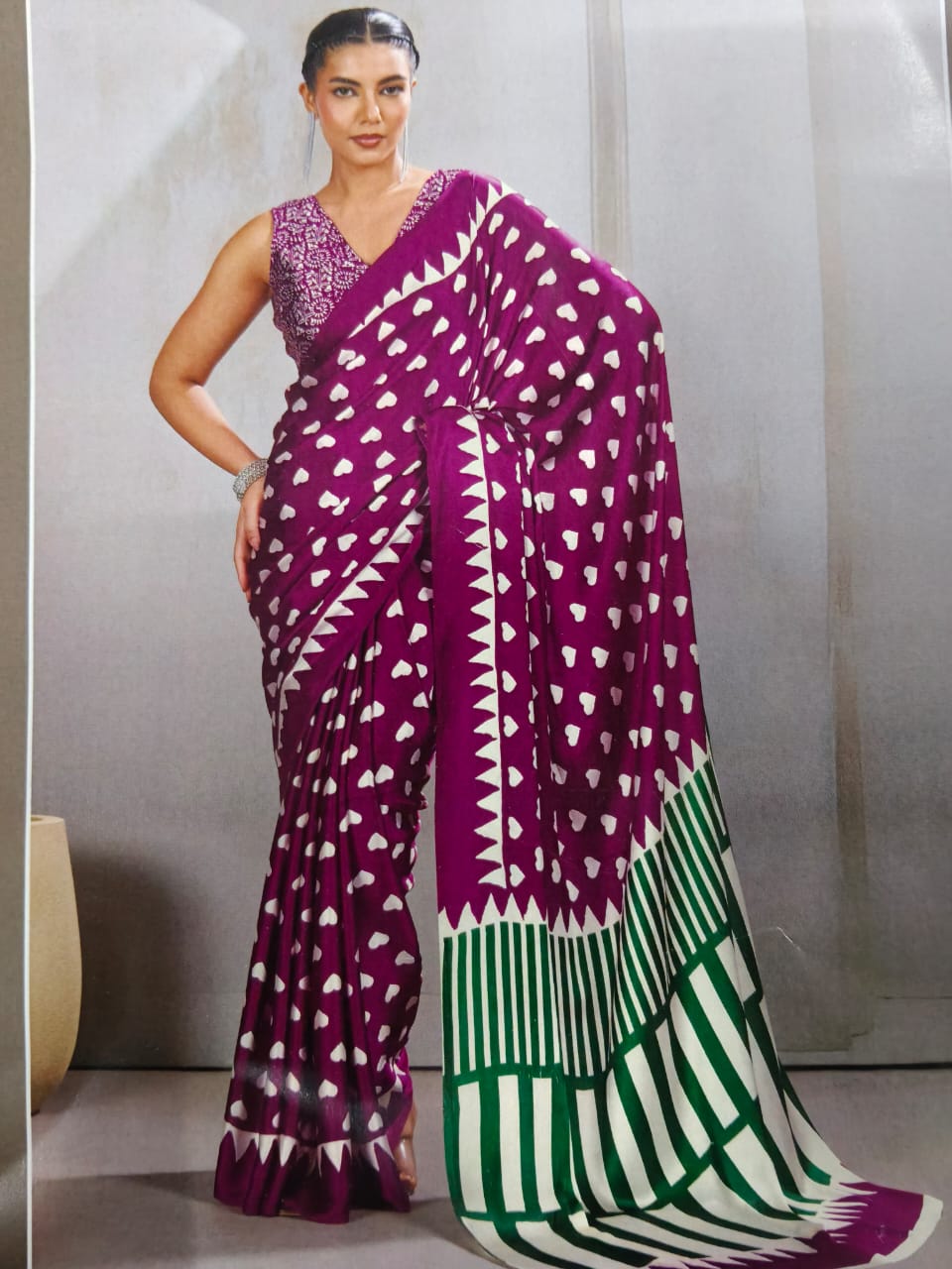 Pure Handcrafted Ajrakh Modal Silk Saree in Plum Purple with Green Pallu