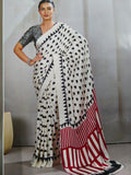 Pure Handcrafted Ajrakh Modal Silk Saree in White with Red Pallu